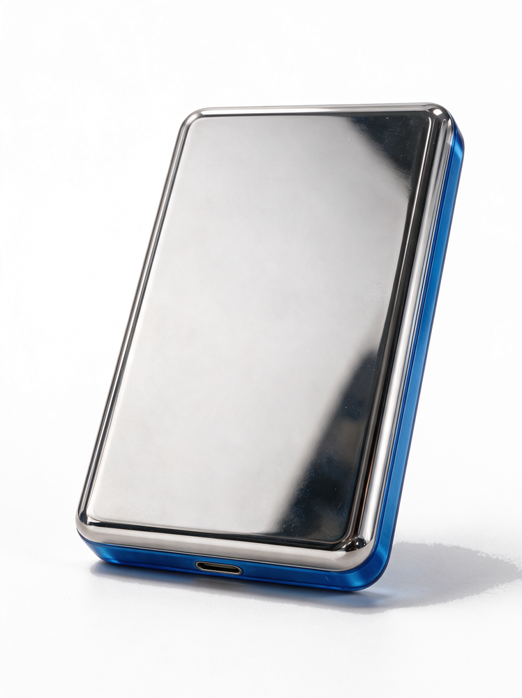 Voltage &mdash; polished stainless back, translucent electric blue iPod Classic.